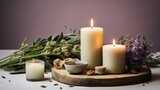  a group of candles sitting on top of a table next to a bowl of food and a bunch of flowers.
