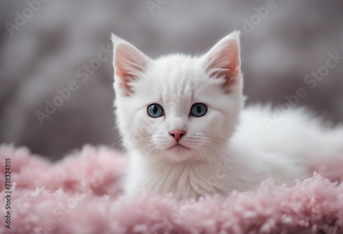 Small fluffy white kitten laying on a fluffy pink blanket looking directly at viewer