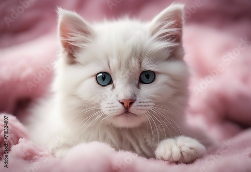 Small fluffy white kitten with blue eyes laying on a fluffy pink blanket looking directly at viewer 