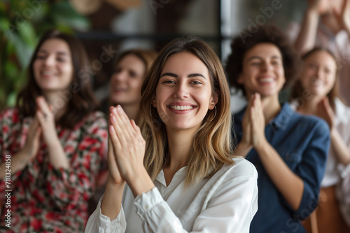 An image capturing the moment of employee recognition with colleagues applauding and celebrating a standout team member. Focus on the joy and appreciation in their expressions, Business team clapping.