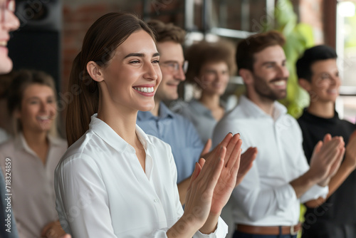 An image capturing the moment of employee recognition with colleagues applauding and celebrating a standout team member. Focus on the joy and appreciation in their expressions  Business team clapping.