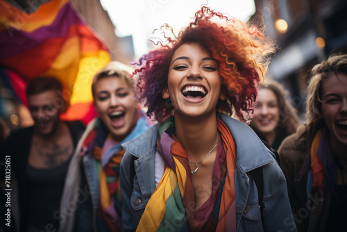 Cheerful crowd celebrating in a street parade with rainbow flags