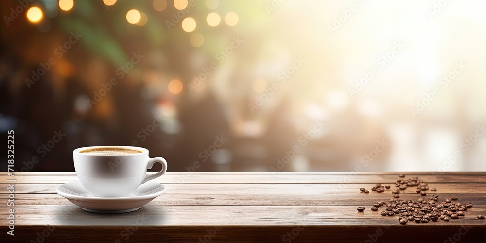 Coffee shop ambiance with a white bokeh background is used for business presentations and product displays on an empty wooden table. Coffee shop ambiance with a white bokeh background is used for business presentations and product displays on an empty wooden table.