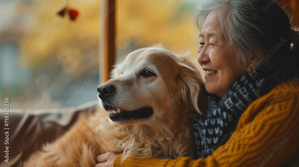 Happy asian senior woman retirement enjoying her dog pet running in the home, Friendship pet and human lifestyle concept.