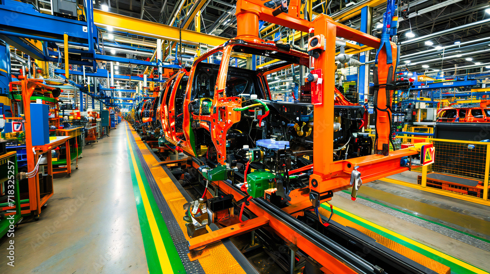 Modern Automotive Factory, High-Tech Car Manufacturing Line, Industrial Production and Engineering