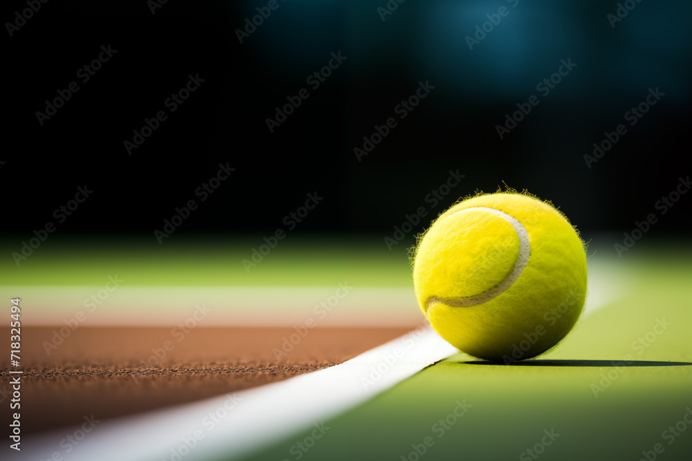 Yellow tennis ball on a tennis court, close up view. Macro photography of tennis match on a court and sport equipment. 