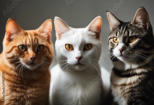 Three cats in a row isolated on gray