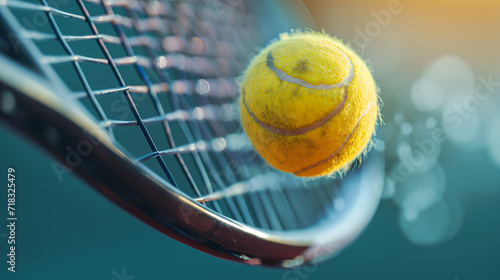 Yellow tennis ball hitting racket, close up detailed view. Macro photography of tennis match and sport equipment.