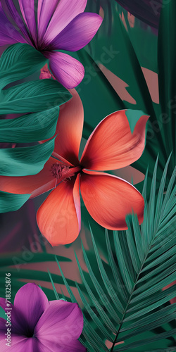 Tropical flowers in vivid red and purple hues with lush green foliage on a deep green background. Phone wallpaper. 