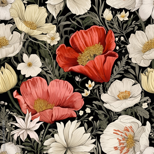Wallpaper Mural Seamless pattern of spring flowers and leaves in the style of naturalist aesthetic. Red, white poppy flowers on dark background with detailed texture. Colorful botanical illustration Torontodigital.ca