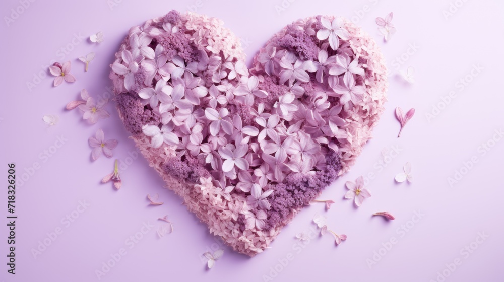  a heart - shaped piece of cake with flowers on top of it on a purple background with confetti scattered around it.