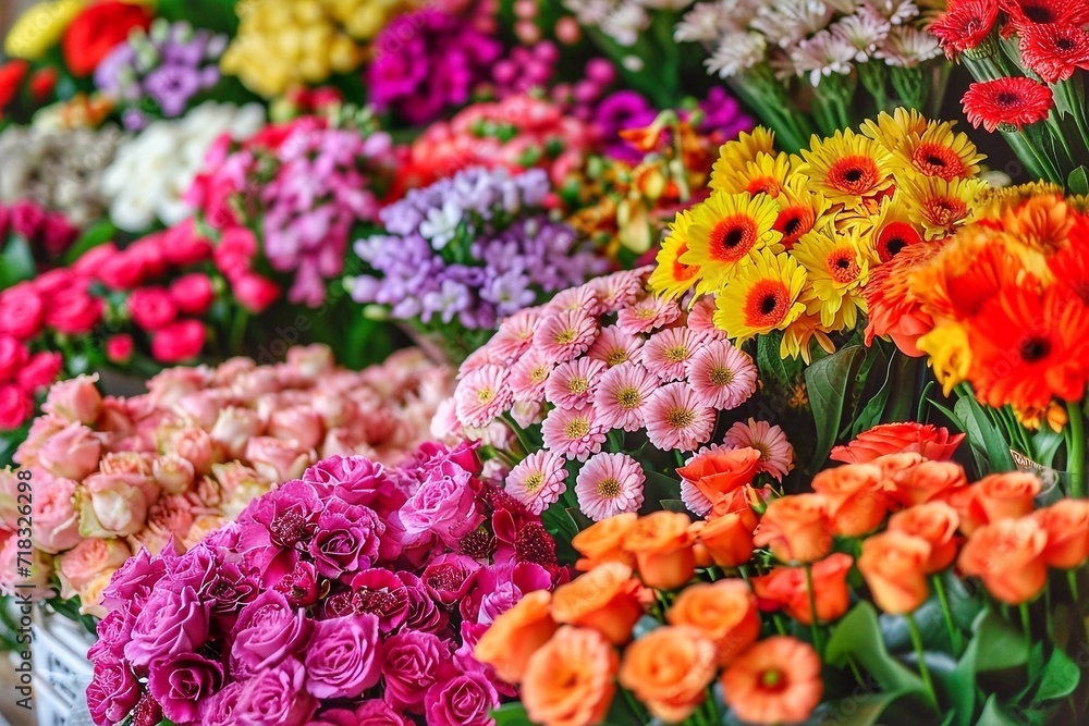 Bouquets of different flowers in a flower shop. Floral background