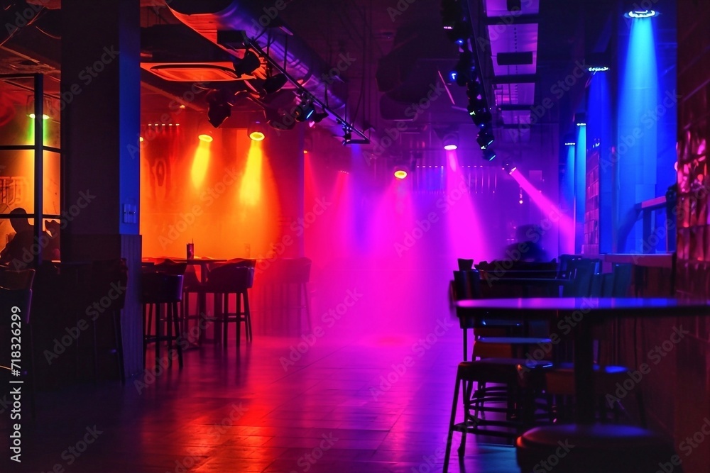Colorful laser show in a night club. Night club interior. Stage lights at night