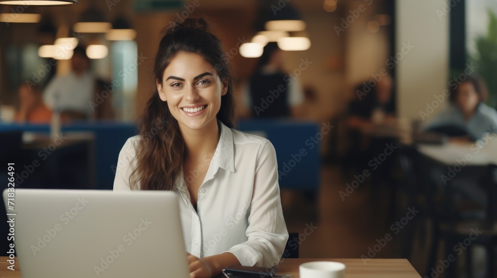 Proud Business Woman Typing on Laptop in Office Generative AI Proud Business Woman Typing on Laptop in Office Generative AI