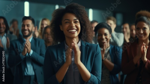 Happy Black Woman Leading a Successful Promotion Meeting with Applause from Business People Generative AI