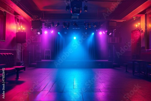 Interior of a night club with bright stage lighting and spotlights. Stage with spotlight