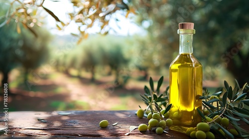 Olive oil and olive branches on a wooden table, on a blurred background of an olive grove, banner, space for text. Generated AI