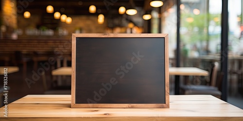 Empty chalkboard on wooden table in upscale mall restaurants with blurred background. Ideas for text or product display.
