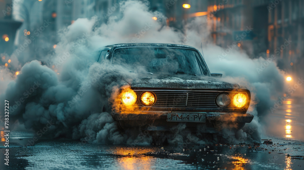 Vintage car emitting smoke on a wet urban road. - obrazy, fototapety, plakaty 