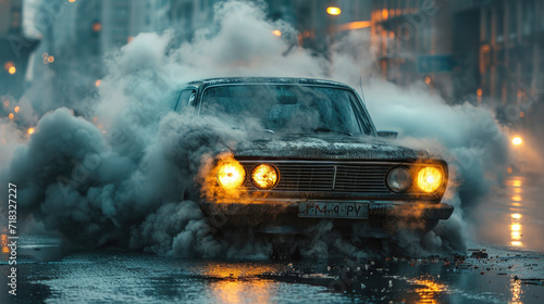 Vintage car emitting smoke on a wet urban road.