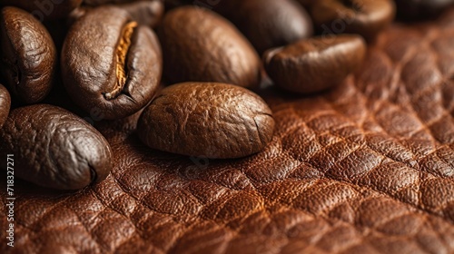 The concept of vegan eco-leather made from Coffee. Polished texture and espresso color of fabric with a scattering of coffee beans, representing the material's upcycled, coffee grounds origin.