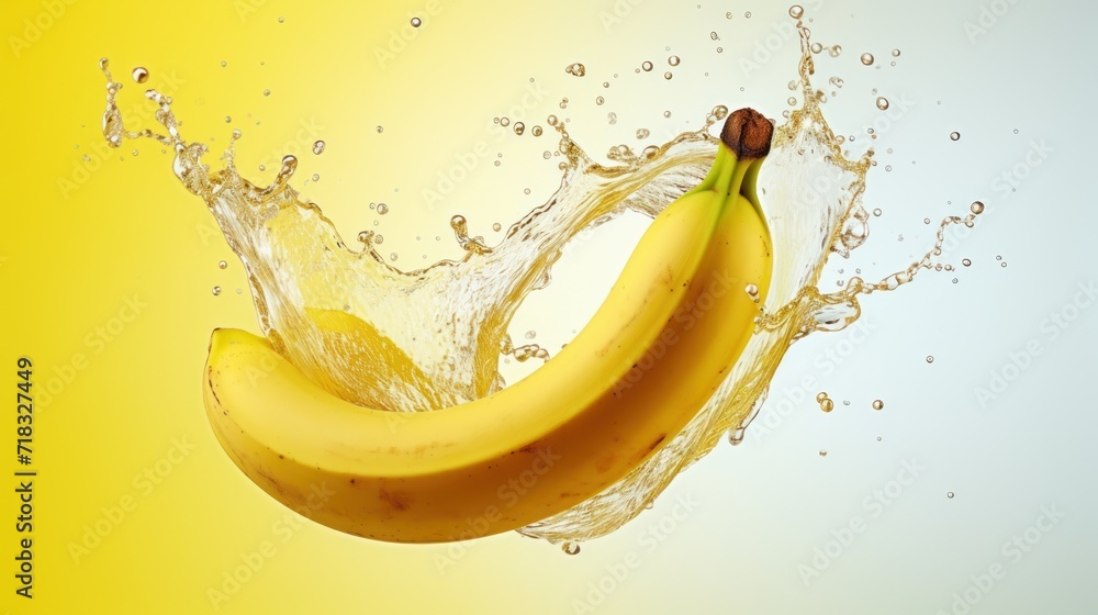  a banana is splashing into the water with a splash of water on the side of the banana and on the top of the banana is a yellow background.