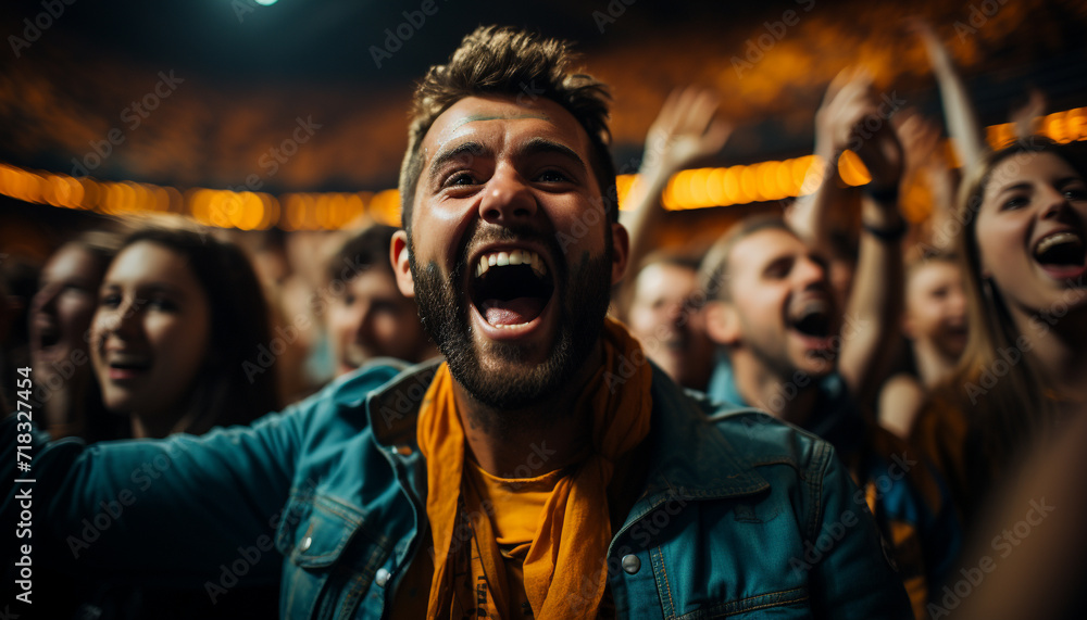 Smiling men enjoy cheerful nightlife, friendship and excitement generated by AI