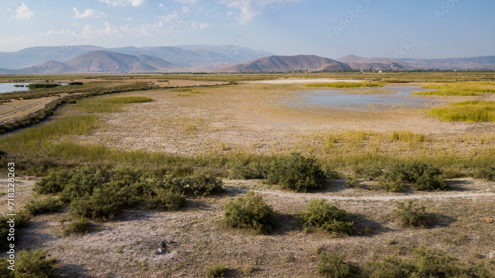 Marshes and Reeds wetland from top view aerial drone photo shoot. This is Sultan Sazligi national park in Develi Valley Kayseri Turkey. Beautiful pastoral landscape