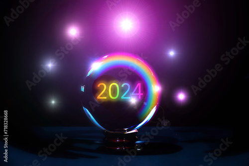 Crystal Ball Projecting Rainbow 2024 Forecast : A crystal ball illuminates with a rainbow spectrum and the year 2024, hinting at a colorful and optimistic future forecast.