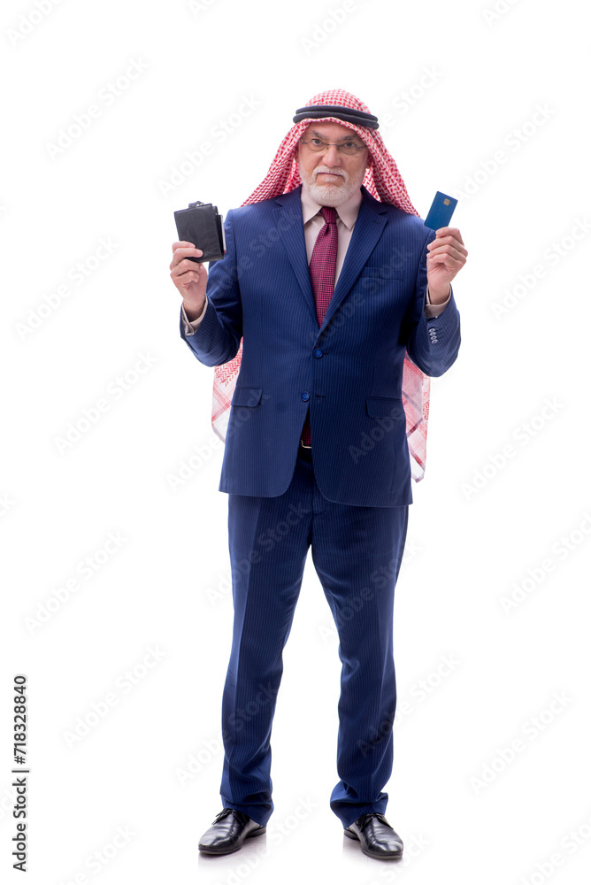Old arab businessman holding wallet isolated on white Old arab businessman holding wallet isolated on white