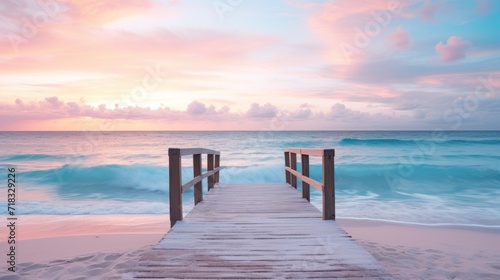  a wooden pier leading to the ocean with waves crashing on the shore and a pink and blue sky in the background.