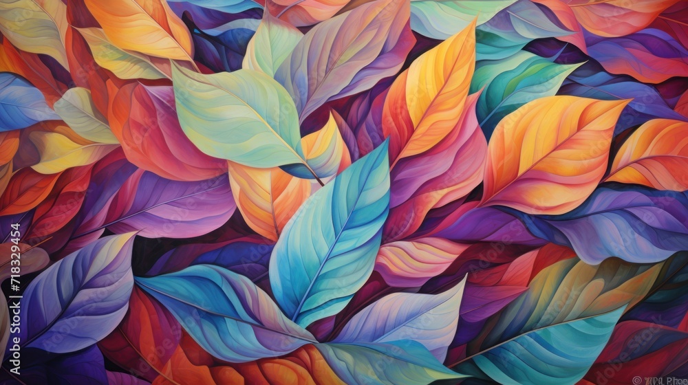  a painting of a bunch of leaves on a red and blue background with oranges, yellows, and purples.