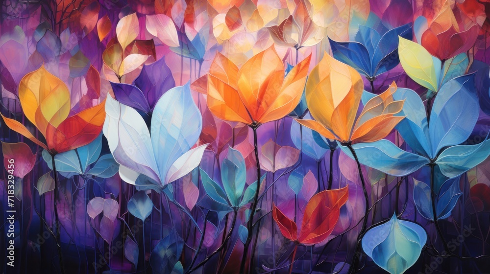  a painting of a bunch of colorful flowers on a blue and purple background with a red, yellow, green, orange, and blue color scheme.