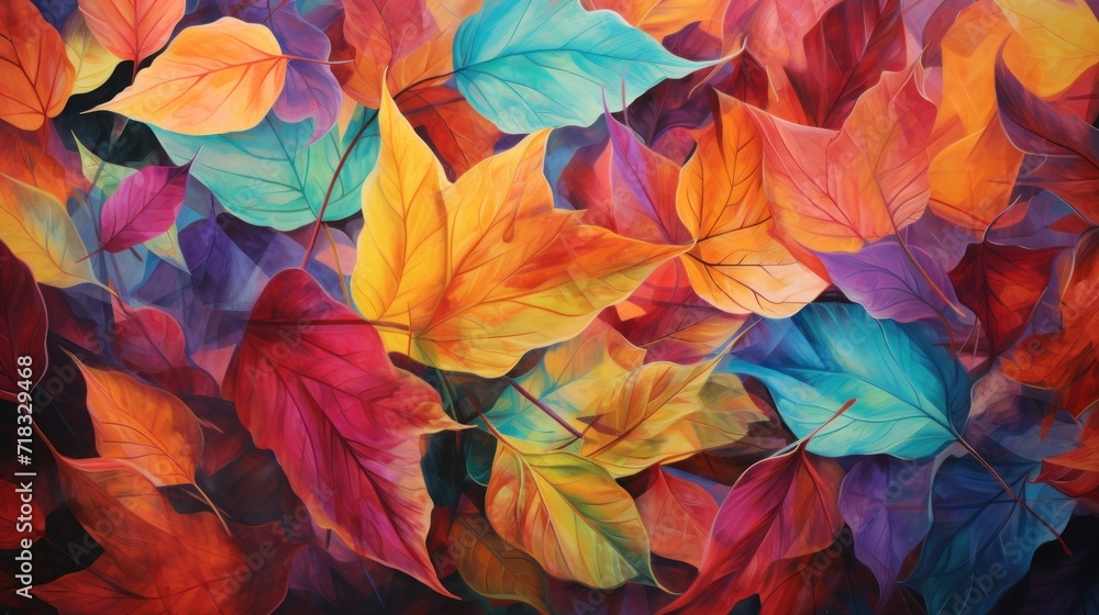  a painting of multicolored leaves on a black background with a red, yellow, blue, green, and orange color scheme.