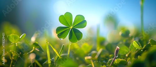 Single good luck four-leaf clover with copy space for text. Vertical Background banner for best wishes and unique, rare, or special individual concept.