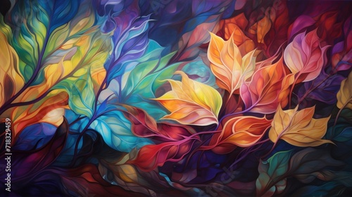  a painting of colorful leaves on a black background with red, yellow, green, blue, and orange colors.