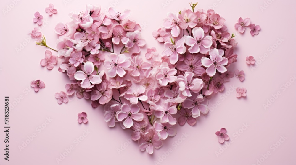  a heart - shaped arrangement of pink flowers on a pink background with space for the word love written in the center.