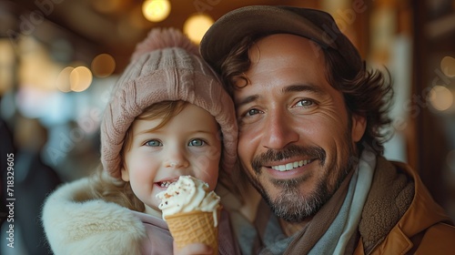 Dad and daughter having fun together, eating an ice cream, vanilla, crispy topping, winter time, spring, wearing hats, and scarf, close up view, interior cafeteria 