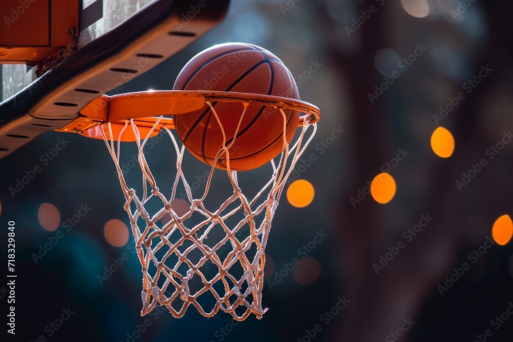 Close Up of an Orange Basketball Going Through a Basketball Hoop with Blurred Background 