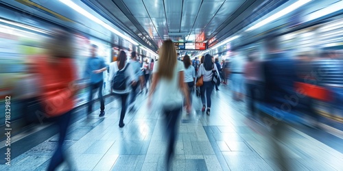 Group of people walking, metro background, motion blur