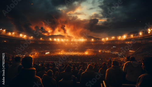 Nighttime crowd celebrates music festival under dramatic sky generated by AI