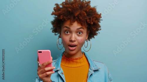 an african american woman pointing her finger while pointing to her smart phone