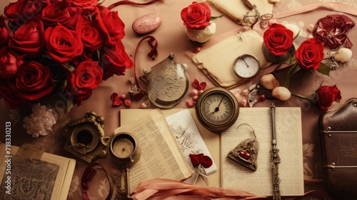  a bunch of red roses sitting on top of a table next to an open book with a clock on top of it.