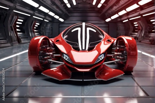 A red, futuristic car in a metallic, illuminated hallway, front view.