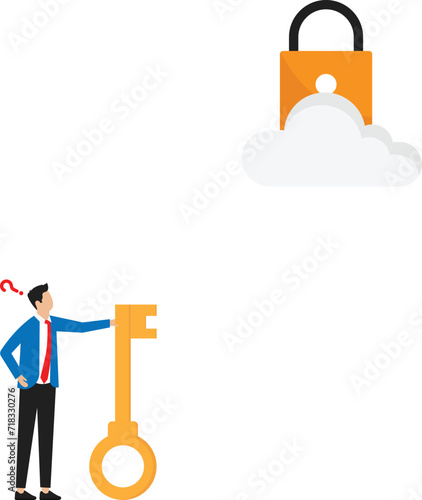 Business man thinking unlock on ladder far from key Business challenge concept
