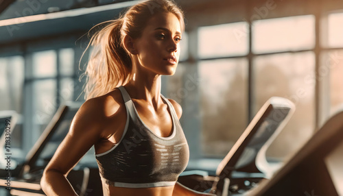 Focused Athlete on a Treadmill in a Gym. A determined woman works out on a treadmill in a gym, her focus evident in her posture and expression