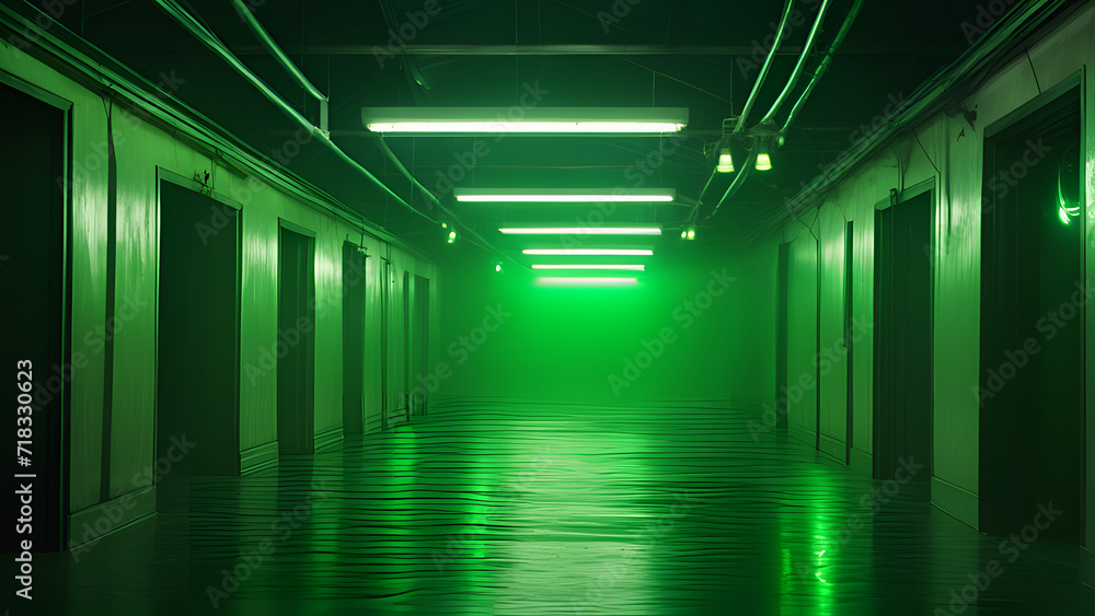 liminal corridor with green lights