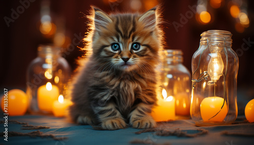 Cute kitten looking at candle, playful with Halloween decoration generated by AI