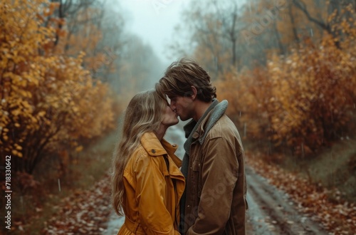 a couple kissing on a path out of a rainy day