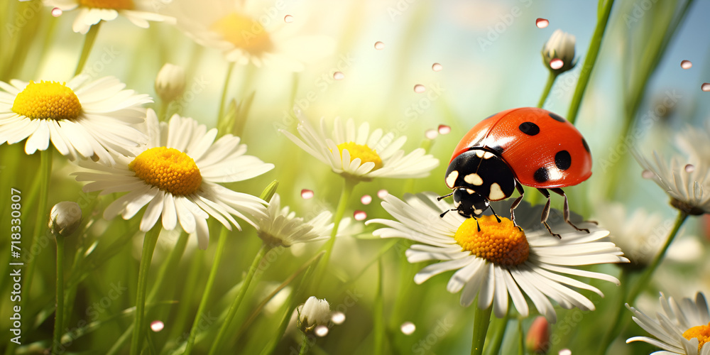 A ladybug on a daisy flower, Ladybug on a summer meadow full of chamomile flowers, 
